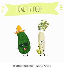Illustration with funny characters zucchini, squash, courgette, legs, joy, marrow,
daikon. Funny and healthy food. Vitamins, cute face food, ingredients, vegetarian, vector cartoon, agriculture, raw.