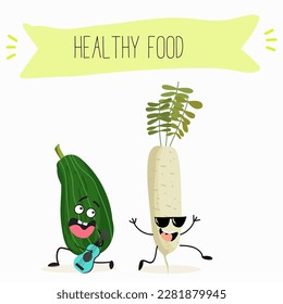 Illustration with funny characters zucchini, squash, courgette, legs, joy, marrow,
daikon. Funny and healthy food. Vitamins, cute face food, ingredients, vegetarian, vector cartoon, agriculture, raw.