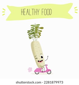Illustration with funny characters zucchini, squash, courgette, legs, joy, marrow,
daikon. Funny and healthy food. Vitamins, cute face food, ingredients, vegetarian, vector cartoon, agriculture, raw.