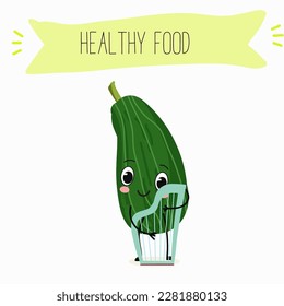 Illustration with funny characters zucchini, squash, courgette, legs, joy, marrow,
daikon. Funny and healthy food. Vitamins, cute face food, ingredients, vegetarian, vector cartoon, agriculture, raw.