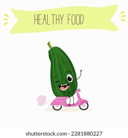 Illustration with funny characters zucchini, squash, courgette, legs, joy, marrow,
daikon. Funny and healthy food. Vitamins, cute face food, ingredients, vegetarian, vector cartoon, agriculture, raw.