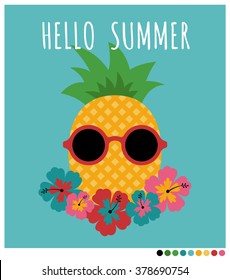 Illustration of funny chic summer vector with pineapple and hibiscus flowers