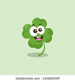 Illustration of funny cloverleaf mascot with big smile, isolated on light background. Flat design style for your mascot branding.