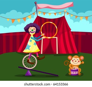 illustration of  funny clown cycling with monkey play drum