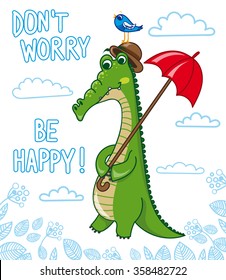 Illustration of  funny crocodile with bird and umbrella