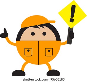 illustration of funny cute cartoon worker character with traffic sign