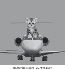 Illustration of funny and cute cat sitting on an airplane