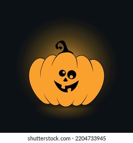 Illustration of a funny cute orange halloween pumpkin that is fooling around and smiling with two rectangular black teeth on a dark gray background. Halloween Jack O’Lantern.