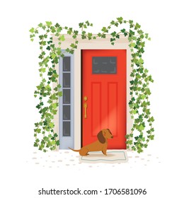 Illustration with funny dachshund waiting in front of the open door