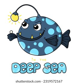 Illustration of a funny deep-sea fish, with a pearl in its fin and its illuminated bait, handmade letters, design for t-shirt