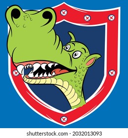 illustration of funny dragon roaring on marine shield with red