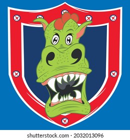 illustration of funny dragon roaring on marine shield with red