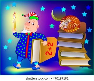 Illustration of  funny dwarf going to read the book. Vector cartoon image.