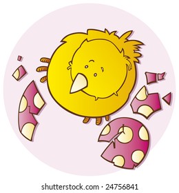 Illustration of funny Easter little chick and egg pieces