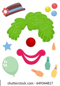 Illustration of Funny Face Clown Elements consisting of a Hat, Wig, Round Nose, Mouth, Balloon, Balls, Bowling Pins