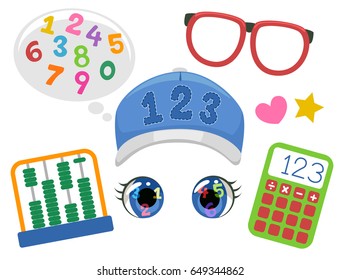 Illustration of Funny Face Math Student Elements consisting of Numbers, Eyeglasses, Abacus, Calculator, Hat and Eyes