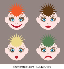 Illustration of funny faces. The image of colored hair of different colors and different emotions.