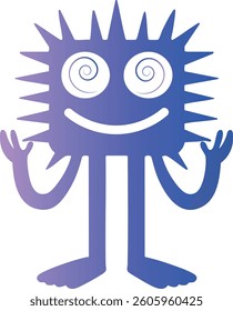 Illustration of a funny fantasy character with a square, prickly body, large spiral eyes and a wide smile.