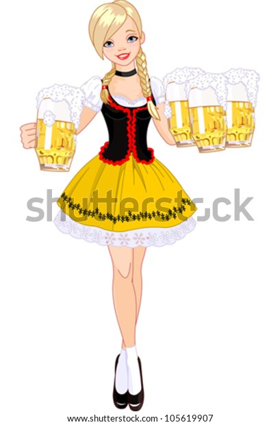 Illustration Funny German Girl Serving Beer Stock Vector (Royalty Free ...