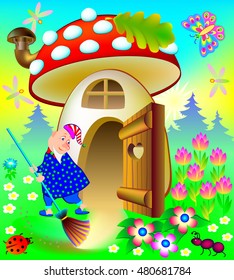 Illustration of funny gnome cleaning his house, vector cartoon image.