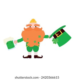 Illustration with a funny gnome. Leprechaun with a drink and gold on his head. Vector illustration.