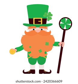 Illustration with a funny gnome. Leprechaun with a staff of luck and a coin in his hands. Vector illustration.