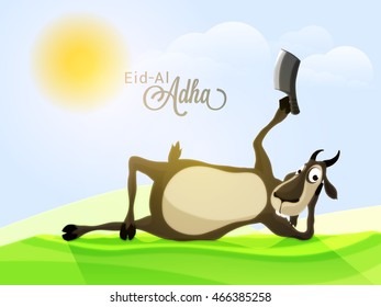 Illustration of a Funny Goat holding a Chopper on Nature background for Muslim Community, Festival of Sacrifice, Eid-Al-Adha Celebration.