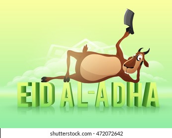 Illustration of a funny Goat holding a Cleaver Knife, laying down on glossy 3D Text Eid-Al-Adha for Muslim Community, Festival of Sacrifice Celebration.