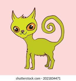 An illustration of a funny green cat. He has big orange eyes and a curly tail.
