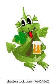 Illustration of funny green dragon with beer and clover in the hands of Patrick day isolated on white background