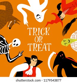 Illustration with funny halloween cartoon characters. Trick or treat title. Editable vector format.