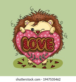 Illustration of funny hedgehog holding a love heart