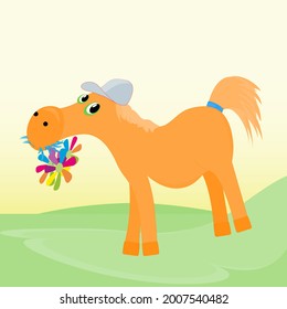Illustration of а funny horse with flowers. Cartoon horse holds flowers in its mouth. 