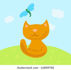 The illustration with funny kitten and dragonfly