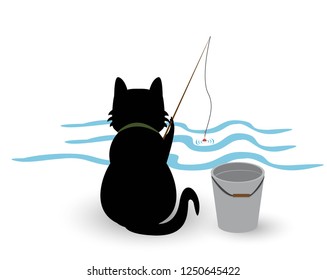 illustration of funny kitten media , cat fisherman catches fish