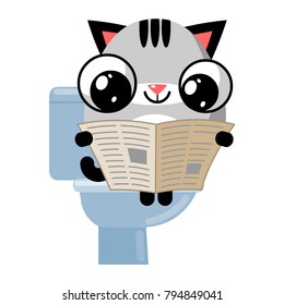 illustration of funny kitten media icon smiley, cat reading newspaper sitting on toilet