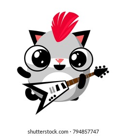 illustration of funny kitten media icon smiley, cat punk rock guitarist