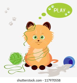 illustration of a funny kitten playing with threads