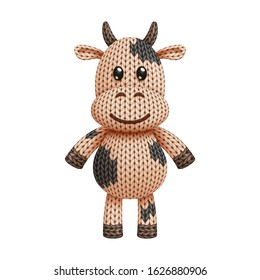Illustration of a funny knitted cow toy. On white background