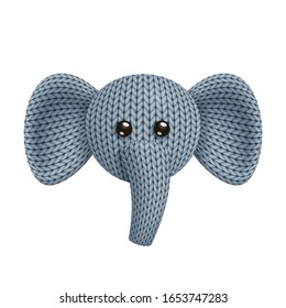 Illustration of a funny knitted elephant toy head. On white background