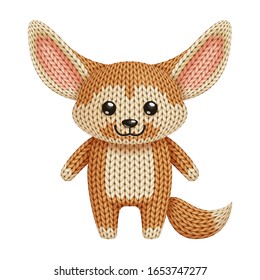 Illustration of a funny knitted fennec fox toy. On white background