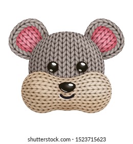 Illustration of a funny knitted hamster toy head. On white background