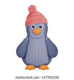 Illustration of a funny knitted penguin toy in knitted winter cap. On white background