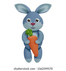 Illustration of a funny knitted rabbit toy with carrot. On white background