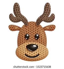 Illustration of a funny knitted reindeer toy head. On white background