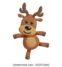 Illustration of a funny knitted reindeer toy dancing. On white background