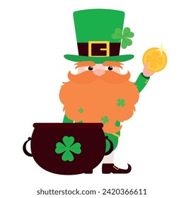 Illustration with funny leprechaun. Leprechaun with a coin and a pot of gold. Vector illustration.