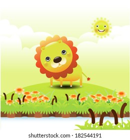 Illustration of a funny lion on green grass