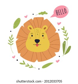 Illustration of a funny lion saying HELLO. Vector bright composition