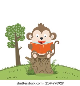 Illustration of funny lion sit on tree trunk reading a book. Creative vector childish background for fabric, textile, nursery wallpaper, poster, card, brochure. and other decoration.
